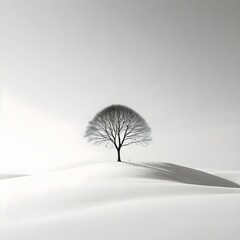 A minimalist monochromatic landscape featuring a lone tree on a snowy hill