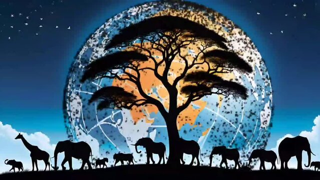 Silhouette of animals and tree on earth globe background, world wildlife day concept. Seamless looping time-lapse 4k video animation background