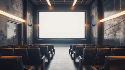 cinema screen mockup with empty seats, business advertising poster design, 3d render, 3d illustration - obrazy, fototapety, plakaty