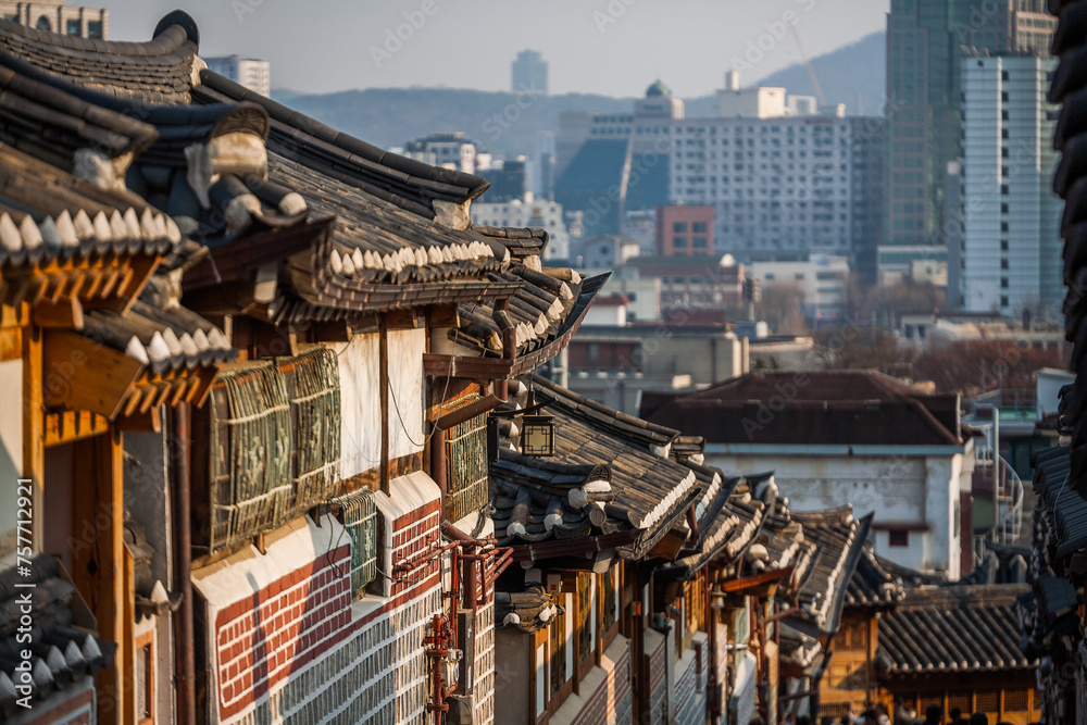 Wall mural traditional korean building architecture of bukchon hanok village in seoul, south korea