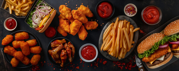 An indulgent spread of fast food items including crispy chicken nuggets, juicy burgers, golden fries, and savory wings on a dark tabletop