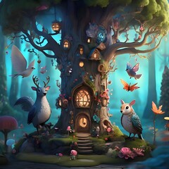 Design a whimsical fantastical forest filled with talking animals and enchanted trees