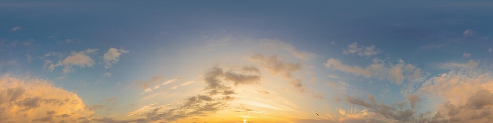 360 sky panorama of vibrant golden Cumulus clouds at sunset, seamless hdr equirectangular format....