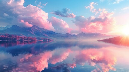 Soft clouds in shades of pink and lavender are mirrored in the still waters of the lake creating a picturesque sunset scene