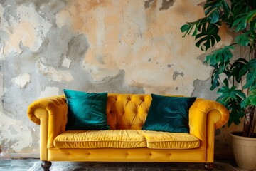 A yellow couch positioned in front of a green potted plant