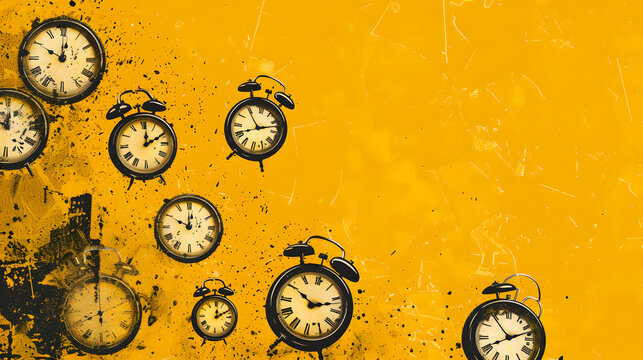 A variety of analog clocks displayed against a vibrant yellow backdrop