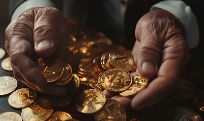 Businessman's hands hold bitcoin coins. generative AI