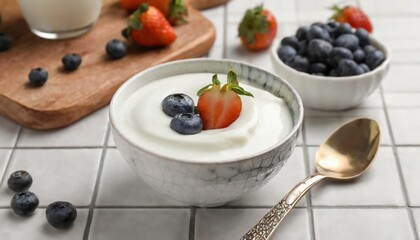 Eating delicious natural yogurt at white tiled table, closeup, top view 