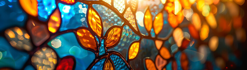 Stained glass artwork illuminated showcasing intricate patterns with a bokeh light effect
