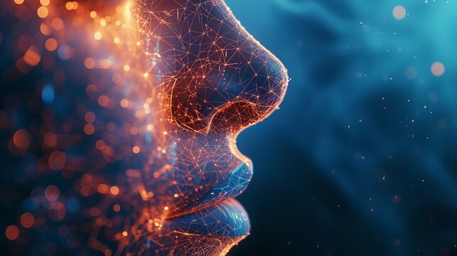 Futuristic representation of human senses through a low poly digital art nose with data overlays