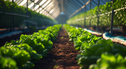 Vegetable fields growing in greenhouses with sunlight shining in the morning