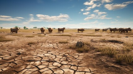 dry ground Cracked patches of cattle, no water to drink, dry grass indicates drought problems - obrazy, fototapety, plakaty