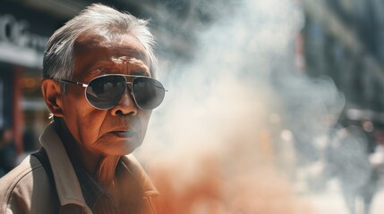 Elderly people with lung disease Show the effects of air pollution on health. - obrazy, fototapety, plakaty