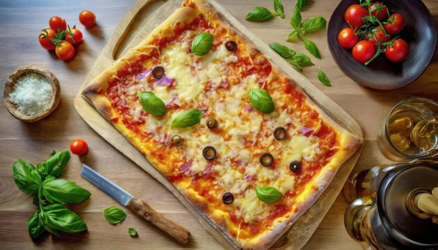  Fresh homemade rectangle pizza on table top view