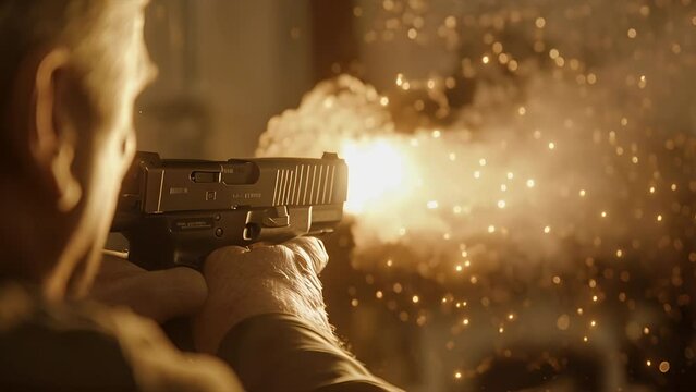 Close up macro slow motion of the muzzle flash on a pistol as a it is fired 