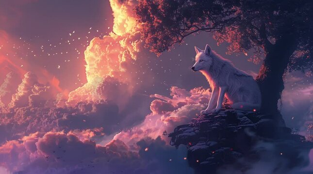 Majestic white wolf sitting under a tree in a mystical cloud landscape
 Seamless looping 4k time-lapse virtual video animation background. Generated AI