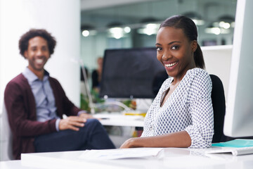 African woman, man and portrait in office with smile, pride and confident at startup company. Black...