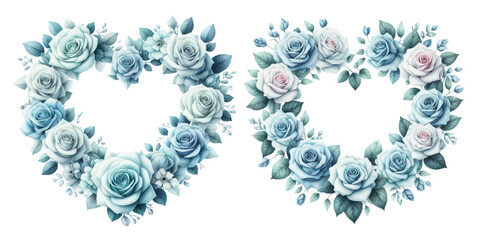 Blue rose heart-shaped wreath watercolor illustration material set