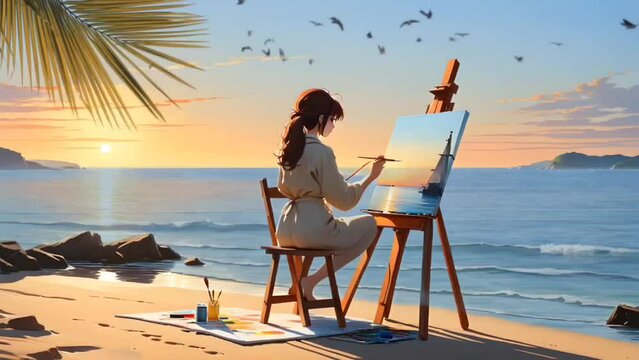 A girl on the beach painting seascape. Seamless looping time-lapse 4k video animation background