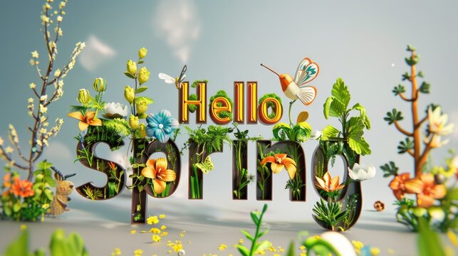Hello spring with colorful nature images inside the letters