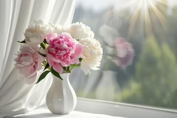 A white vase holds an arrangement of pink and white flowers