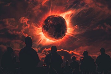 Naklejka premium A group of individuals standing and observing a solar eclipse, with the sun partially covered by the moon in the background