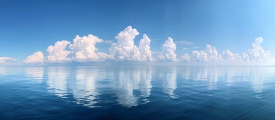A vast body of water under a cloudy sky, with the clouds reflected on the waters surface - Powered by Adobe