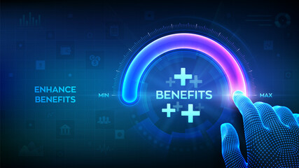 Employee benefits help to get the best human resources. Hand is pulling up to the maximum position circle progress bar with the benefit icon. Business for Profit, Benefit, health insurance. Vector.