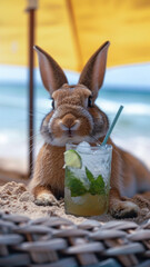 A rabbit in human clothes lies on a sunbathe on the beach, on a sun lounger, under a bright sun umbrella, drinks a mojito with ice from a glass glass with a straw, smiles, summer tones, bright rich co