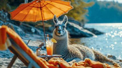 A llama in human clothes lies on a sunbathe on the beach, on a sun lounger, under a bright sun umbrella, drinks a mojito with ice from a glass glass with a straw, smiles, summer tones, bright rich col - obrazy, fototapety, plakaty