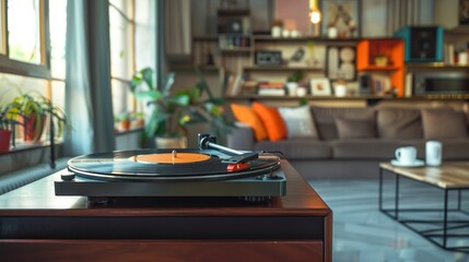 n the foreground a trendy vinyl turntable placed on a hi-fi unit in a magnificent apartment living room with industrial and trendy decoration high definition  - obrazy, fototapety, plakaty