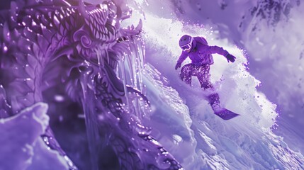 Picture of a person snowboarding, dressed in purple, and the snowboard is a Chinese dragon - - Powered by Adobe