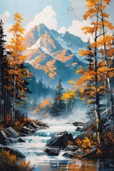 A stunning painting of mountains and rivers a forest, perfect for wall art and wallpaper