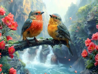 A pair of beautiful birds with long crests relaxing on a branch against a backdrop of beautiful scenery