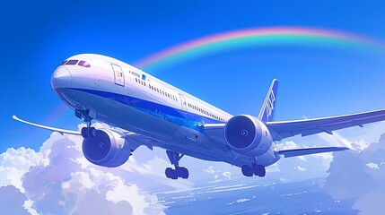飛んでいる旅客機、虹1 - obrazy, fototapety, plakaty