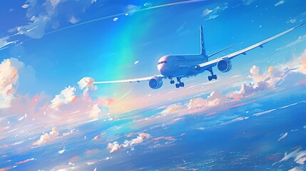 飛んでいる旅客機、虹2 - obrazy, fototapety, plakaty