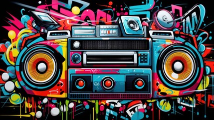 Fototapeta premium Graffiti-patterned black background: a modern expression Suitable for designing products for teenagers. Music websites or streetwear