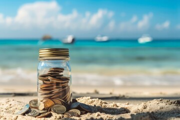 A jar filled with coins placed on top of a sandy beach with waves in the background