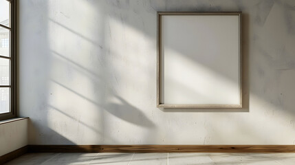 A serene, minimalist interior featuring a sunlit wall with a solitary empty picture frame, casting soft shadows on a white wall above a wooden floor.