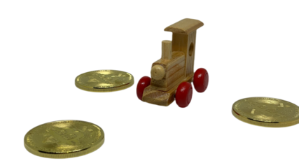 A wooden train and Bitcoin coins on a white background in PNG format, ideal for finance , logistics and cryptocurrency concepts.