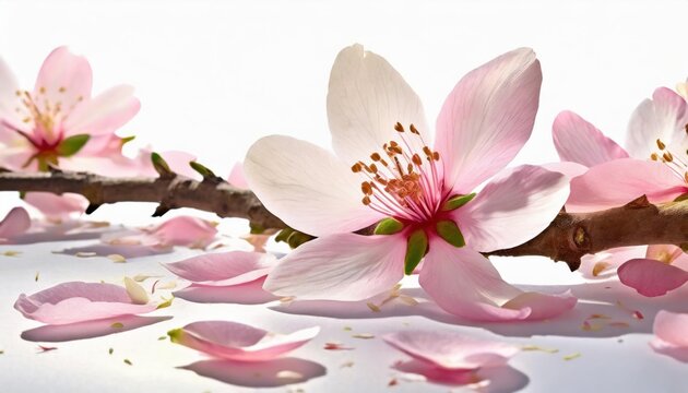  Pressed pink almond blossom petals on a white background. top view 