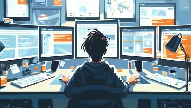 A sleek and modern workspace set up with multiple computer monitors and various social media platforms open as a business person works diligently to build a comprehensive