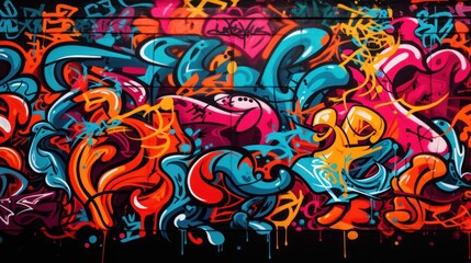 Graffiti-patterned black background: a modern expression Suitable for designing products for teenagers. Music websites or streetwear