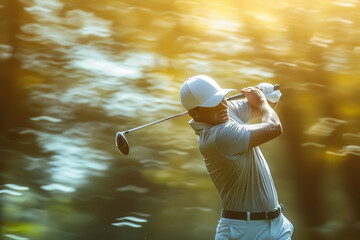 Man swinging golf club on golf course