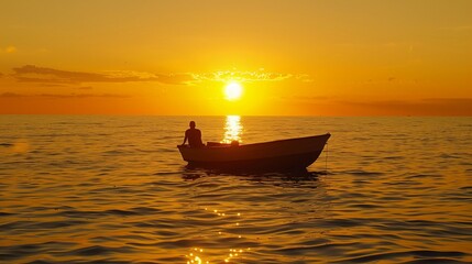 A fisherman sits in a small boat at sea during sunset.Orange sky reflects a yellow light.