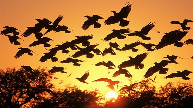 A flock of starlings,birds flying against the background sunset,silhouette photography.