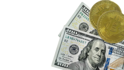 PNG format,  two golden Bitcoin coin beside a fan of 100 US dollar bills, with copy space for text or other design elements. Transparent white background 
