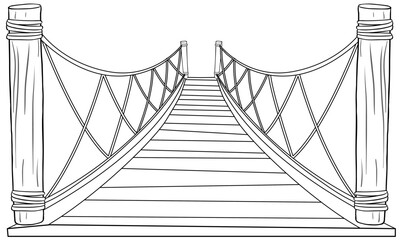 Black and white drawing of a suspension bridge