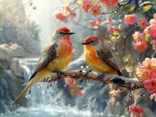 A pair of beautiful birds with long crests relaxing on a branch against a backdrop of beautiful scenery
