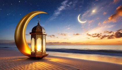 Shiny golden crescent moon with star lantern and Arabic lantern on sea beach  - 757717103